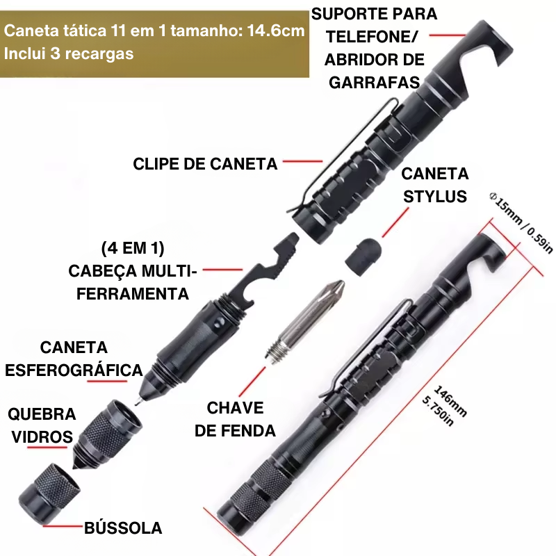 Caneta Tática Multifuncional 11 em 1