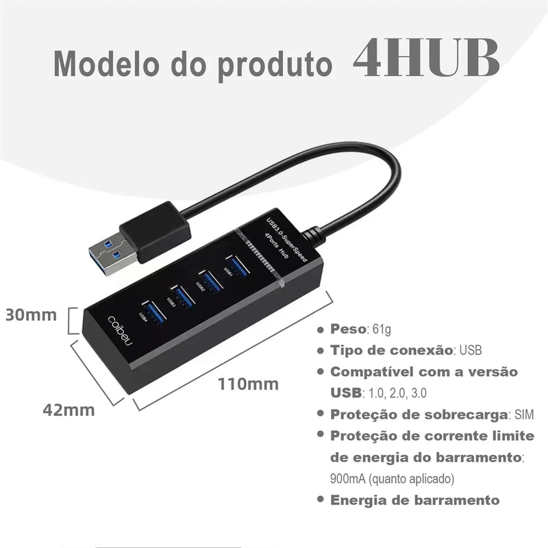 Hub USB 4 Portas - Extensor e Carregador para PC