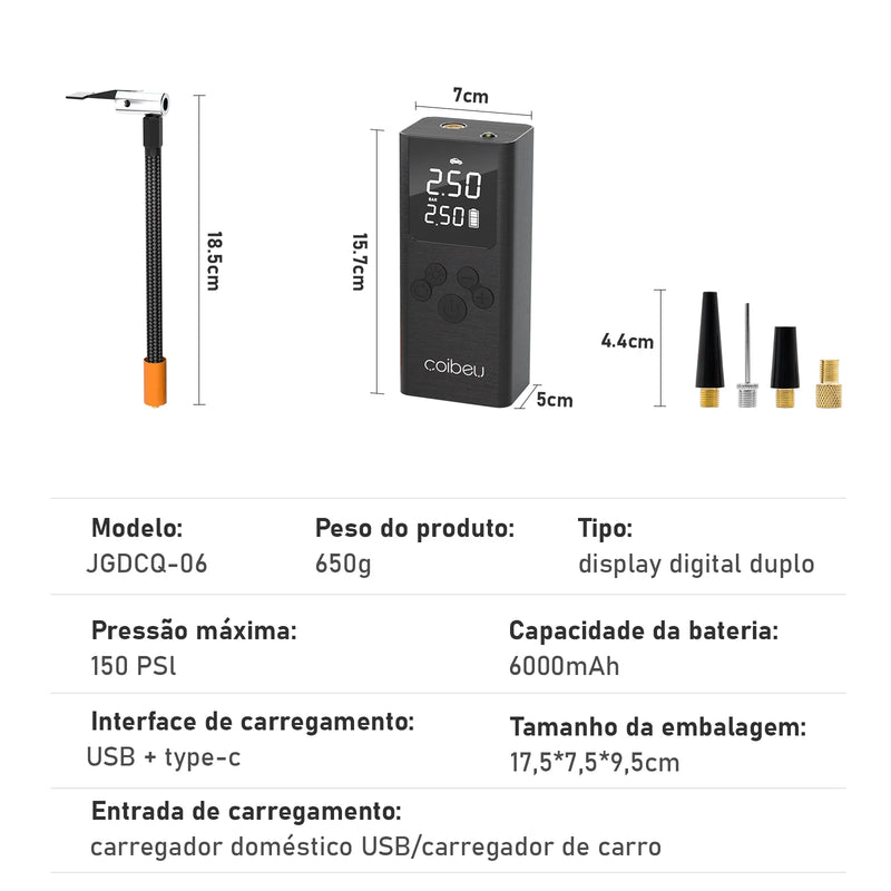 Compressor de Ar Portátil COIBEU - Mini Bomba para Pneus de Carro