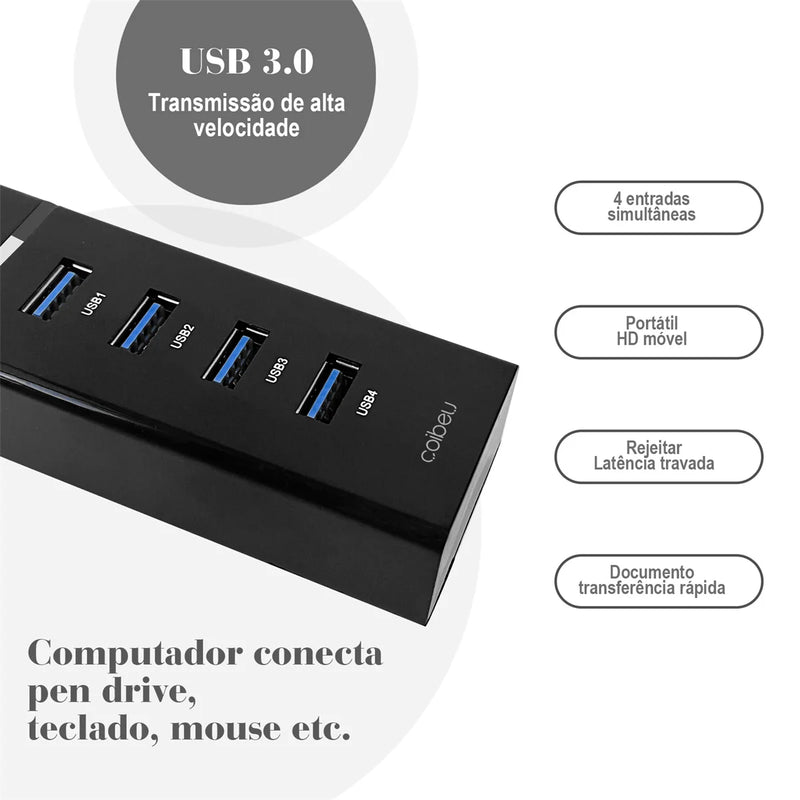 Hub USB 4 Portas - Extensor e Carregador para PC